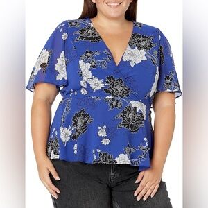 New City Chic La Fleur Blue Floral Blouse XXL Flutter Sleeve Faux Wrap Chiffon